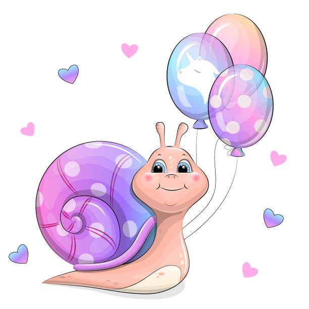 可爱的卡通蜗牛和彩虹气球。图片下载
