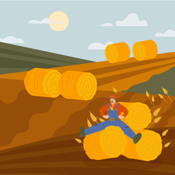 乡村生活场景。一个农民下班后坐在干草堆上。图片下载