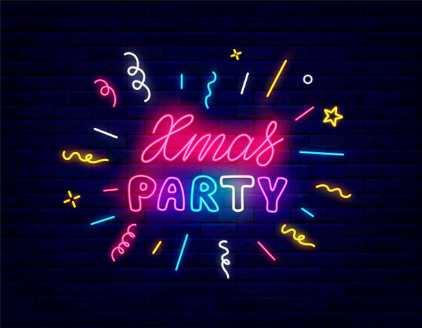 圣诞派对霓虹灯招牌和五彩纸屑。夜总会的事件。发光的标签。闪亮的旗帜。向量股票插图图片下载