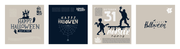 一套快乐的万圣节派对海报与城堡，僵尸和鬼魂南瓜手绘风格。文本。字母蜘蛛网和飞行蝙蝠。矢量插图小册子背景。图片下载
