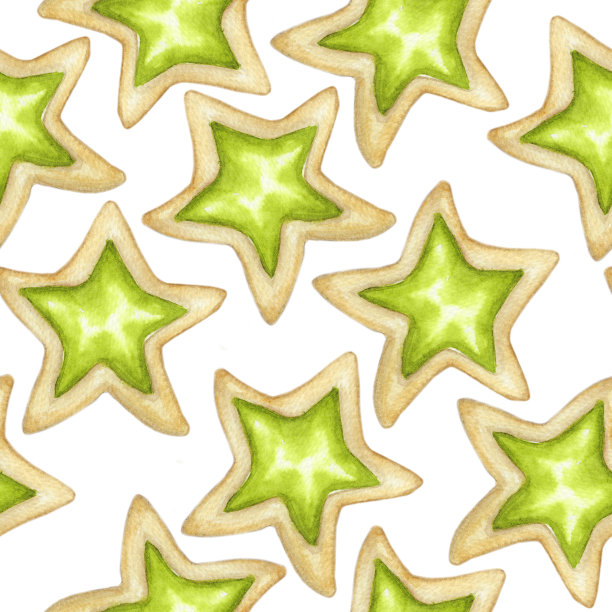 白色背景上绿色星形橘子果酱饼干的无缝水彩图案图片下载
