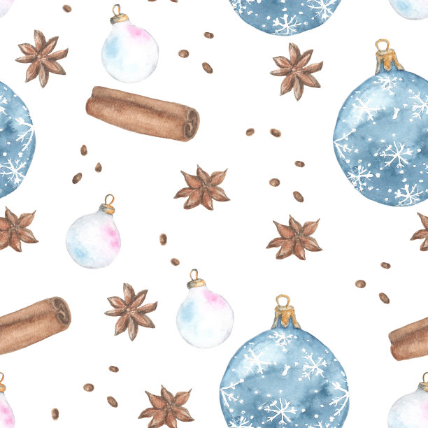 美丽的水彩节日图案的深蓝色玻璃饰品和冬季香料在白色的背景图片下载