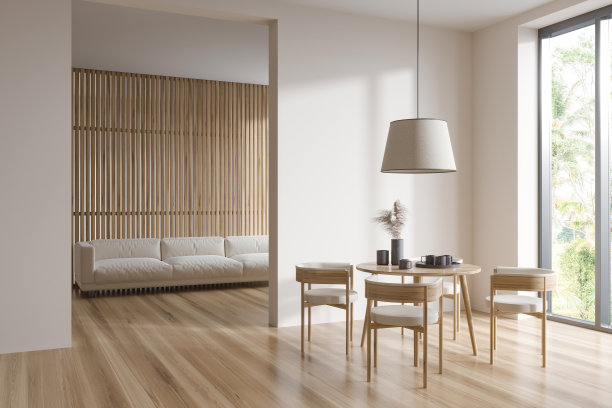 时尚的客厅内部设有休闲和用餐区，全景窗图片下载