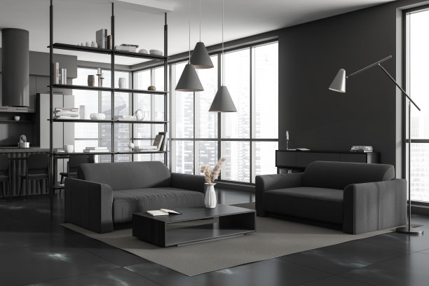 灰色的厨房内部配有柔软的扶手椅和咖啡桌，全景窗图片下载