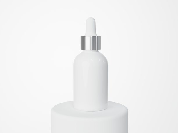 白色玻璃化妆品血清滴管瓶在平台上3D渲染，护理产品包装图片下载