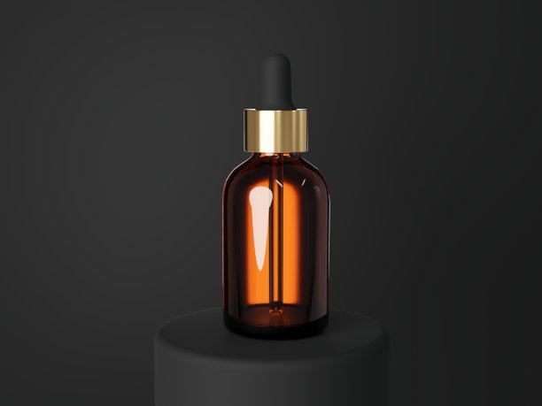化妆品血清滴管棕色玻璃瓶3D渲染，护理产品包装图片下载