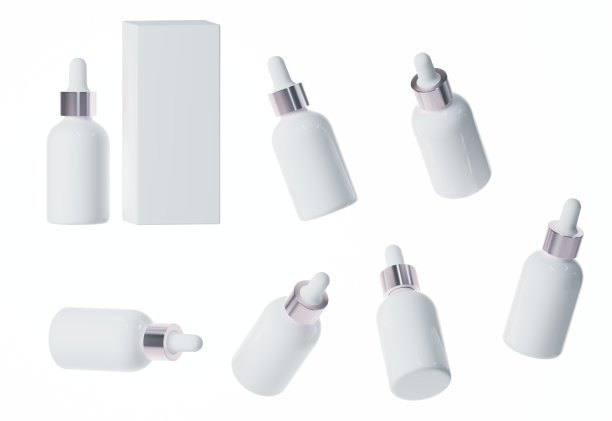 七个不同的观点光泽白色塑料血清瓶与盖3D渲染，化妆品包装孤立在白色背景图片下载