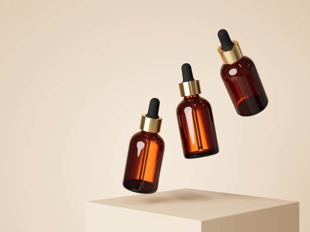 三个漂浮的化妆品血清滴管棕色玻璃瓶在平台与米色背景3D渲染，护理产品包装和品牌可视化图片下载