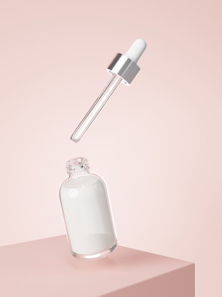 化妆品血清滴管瓶漂浮在平台与粉彩粉色背景3D渲染，护理产品包装和品牌图片下载