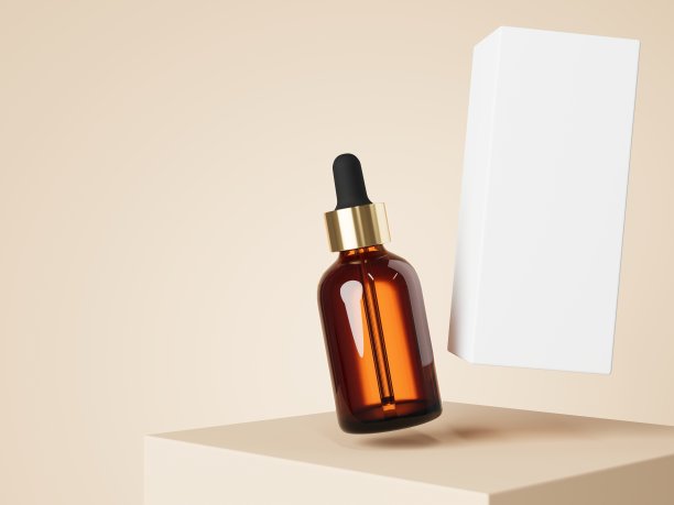 化妆品血清滴管棕色玻璃瓶和白色盒子在平台与米色背景3D渲染，护理产品包装和品牌可视化图片下载