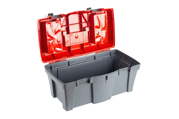 塑料工具箱与红色顶部隔离在白色背景。图片下载