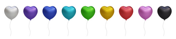 3d闪亮的彩色心脏，光滑的氦气气球设置隔离在透明的背景。矢量逼真的金色、银色、白色、金色缤纷和黑色喜庆。周年纪念、生日模板图片下载