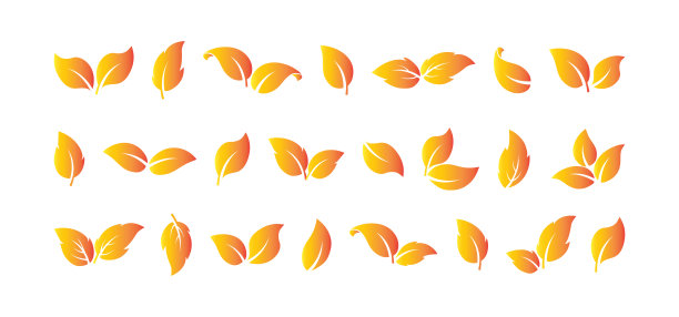 秋叶矢量图标，金色叶集，植物叶多，芽形。黄色和红色秋季系列。性质说明图片下载