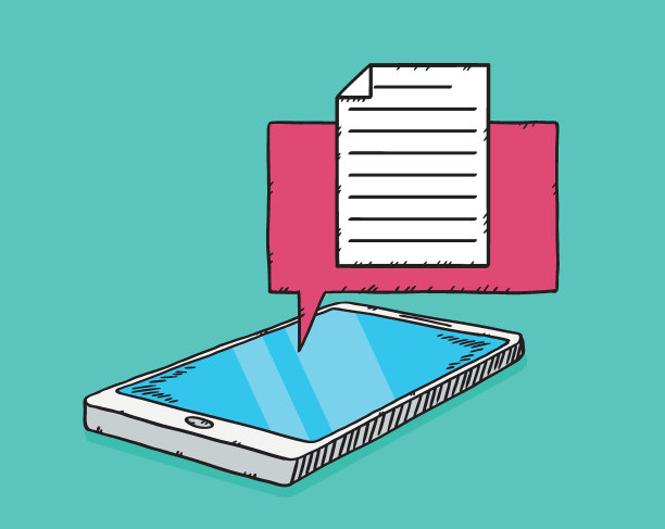 手机屏幕上的短信气泡显示文本文件的手绘插图。涂鸦矢量文件。图片下载