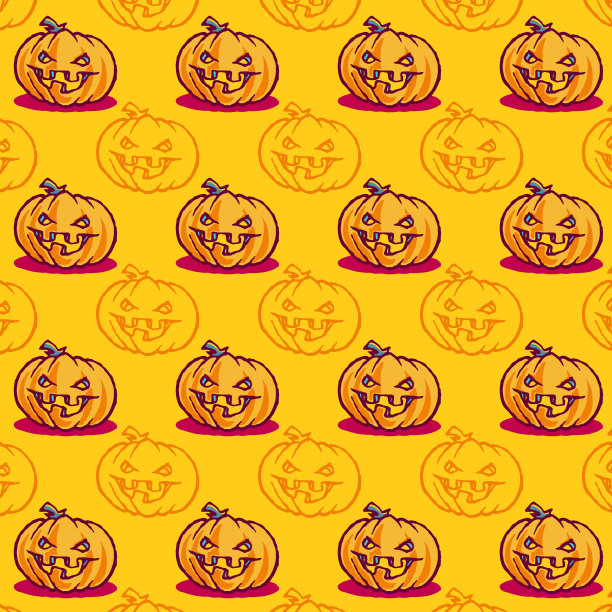 万圣节无缝模式与橙色背景上的扁平图标图片下载