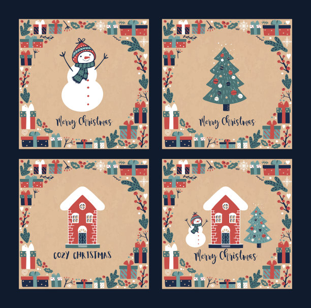 复古的圣诞明信片，冬天的房子，雪人，圣诞树和礼物和铭文圣诞快乐图片下载