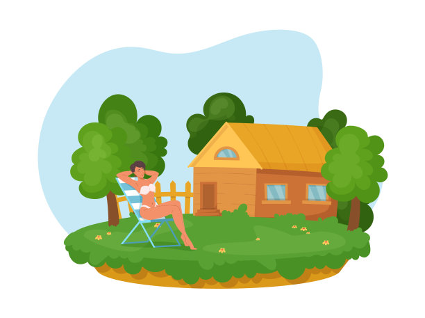 美丽的女人在泳衣休息躺椅在后院。迷人的女孩在木屋前的绿色草坪上晒太阳。女孩享受夏天在大自然中放松图片下载