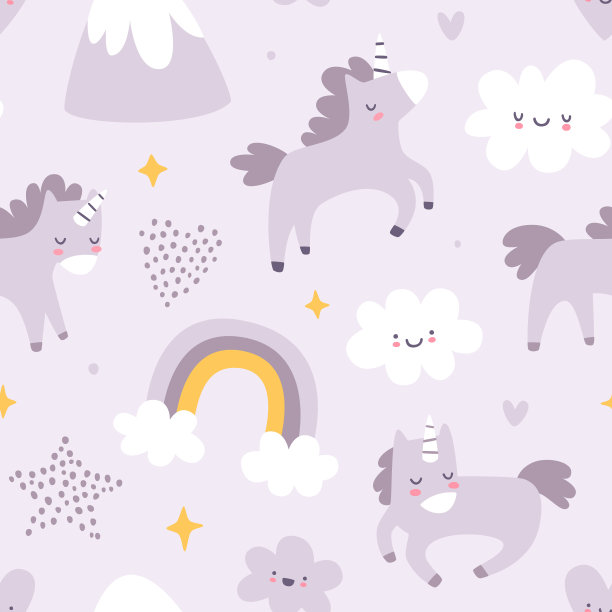 可爱的斯堪的纳维亚婴儿图案和独角兽。无缝紫色矢量印花女孩面料。图片下载