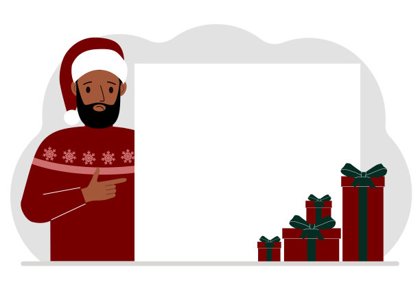 一名身穿圣诞或新年毛衣、头戴红色萨纳帽的男子指着一面横幅、一张空白海报或一张留有文字空间的白色大纸。图片下载