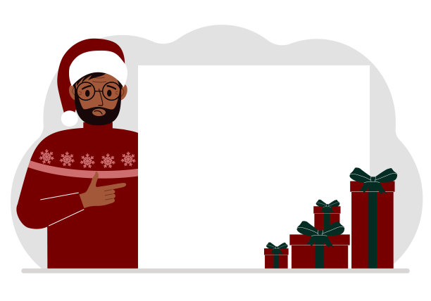 一名身穿圣诞或新年毛衣、头戴红色萨纳帽的男子指着一面横幅、一张空白海报或一张留有文字空间的白色大纸。图片下载