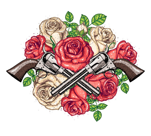 枪和玫瑰手绘插图。纹身的打印。手枪和玫瑰手绘版画。纹身设计。图片下载