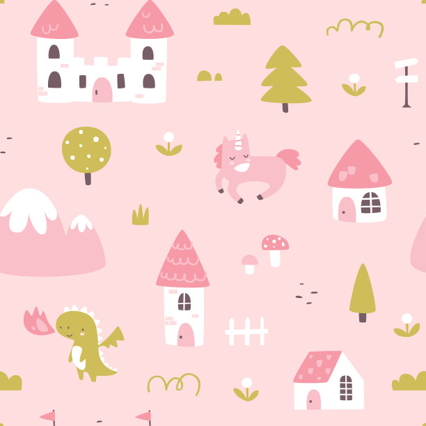 梦幻粉色王国图案。童话地图无缝矢量印花女孩纺织和面料。图片下载