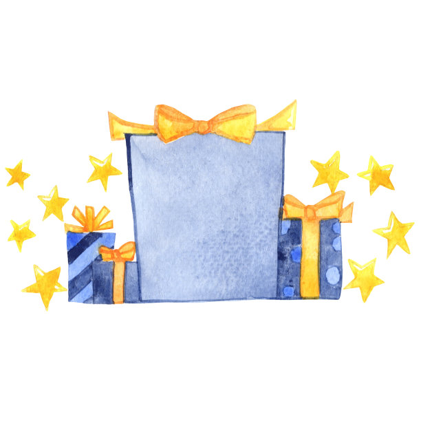 蓝色礼盒与黄色蝴蝶结丝带和明星水彩生日和特别活动。图片下载