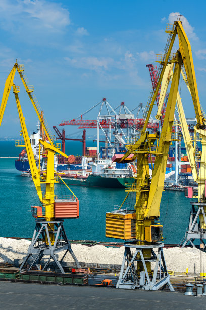 工业海港基础设施，海上，起重机和干货船，集装箱，海上货物运输概念图片下载