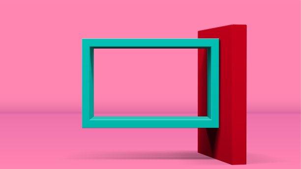 支架上的3D框架或抽象极简的矩形构图，背景是色彩斑斓的房间图片下载