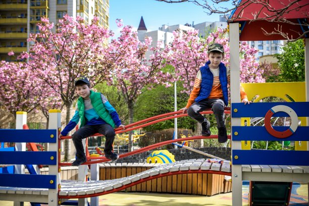 可爱的两个男孩在阳光明媚的早晨在操场玩耍的画像。儿童休闲理念图片下载