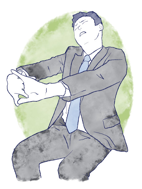 一个过度劳累和疲惫的亚洲商人的手绘插图。肩膀僵硬和伸展的概念。穿着水彩套装的男人。图片下载