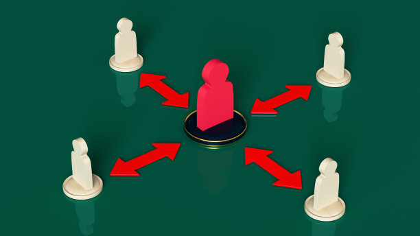 木制的人与红色的双面箭头连接的领袖人物。沟通，距离，沟通，3D渲染图片下载