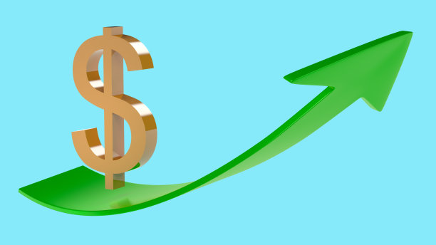 镀金美元符号滑入一个绿色箭头指向浅蓝色背景与空间的文本或标志。3 d渲染。图片下载