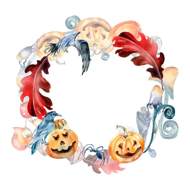 万圣节花环与彩色南瓜水彩插图孤立的白色。图片下载