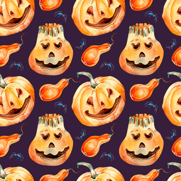 微笑万圣节南瓜水彩无缝图案孤立在紫色。图片下载