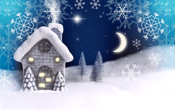 圣诞背景:雪中的房子和冷杉图片下载