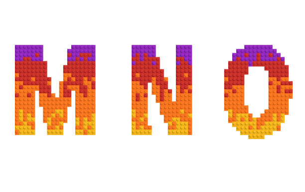 由彩色砖块制作的一组字母和数字，3d字母表，字母MNO图片下载
