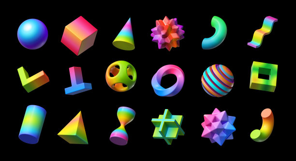 3 d渲染。各种各样的几何形状的集合。一套不同的图标，标志和符号。带有渐变的彩色物体。剪贴画孤立在黑色背景图片下载