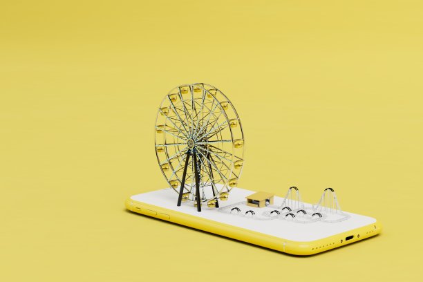 在网上订购公园门票。智能手机上的摩天轮和过山车。三维渲染图片下载
