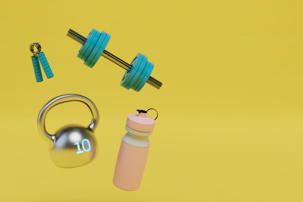 活跃的运动。模拟器为手，壶铃，哑铃和黄色背景震动器。复制粘贴。三维渲染图片下载