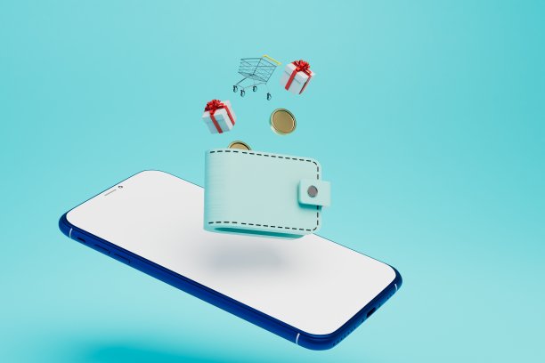 网上支付礼物。智能手机上有一个装有一美元硬币的钱包，一个手推车和礼物。三维渲染图片下载