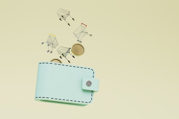 在商店购买商品。一个装有一美元硬币的钱包，上面放着购物车。复制粘贴。三维渲染图片下载