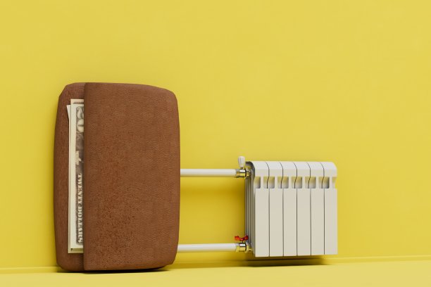 供暖付费的概念。电池和钱包与美元在一个黄色的背景。三维渲染图片下载