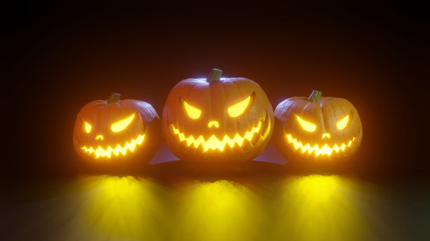 万圣节南瓜与黑色背景上的可怕的脸3D渲染图片下载