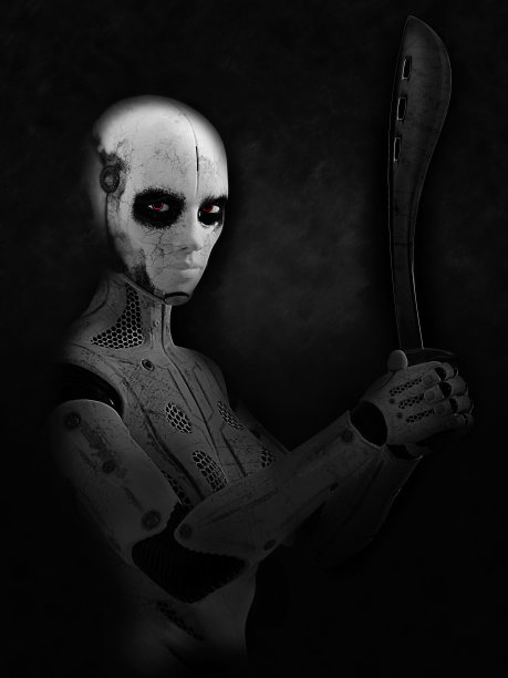 手持弯刀的女机器人英雄的3D渲染图。图片下载