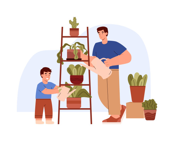 成年男子带着小儿子浇花平面造型，矢量插画图片下载