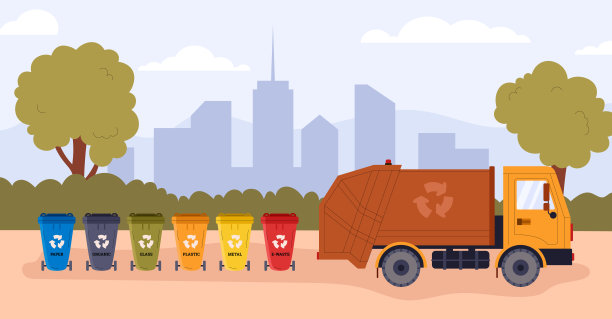 垃圾桶与卡车在背景的城市景观，矢量插图。图片下载