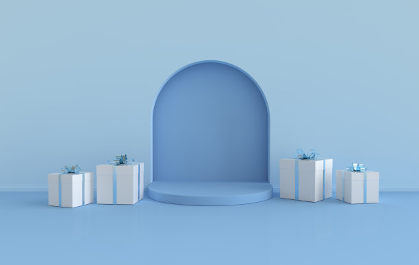 墙景有拱门、讲台、礼盒。3 d渲染室内。产品展示平台，模拟背景。图片下载