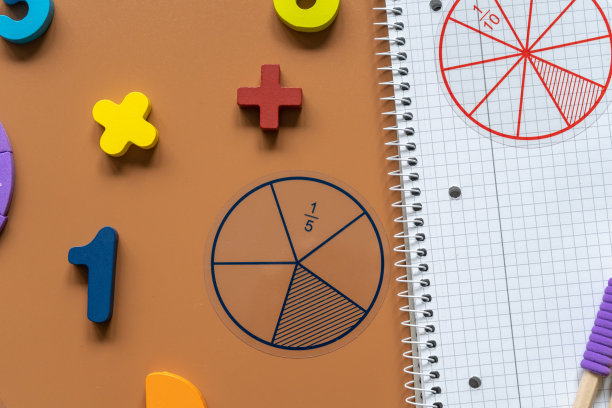 一套数学和学习用品。分数，尺子，铅笔，棕色背景的记事本，回到学校，有趣的教育理念图片下载