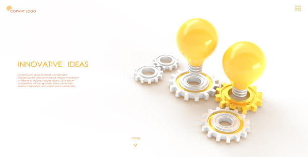 创新的想法开发等距登陆页3D渲染。搜索创造性的解决方案与发光灯泡的齿轮机制，头脑风暴或启动，网页横幅图片下载
